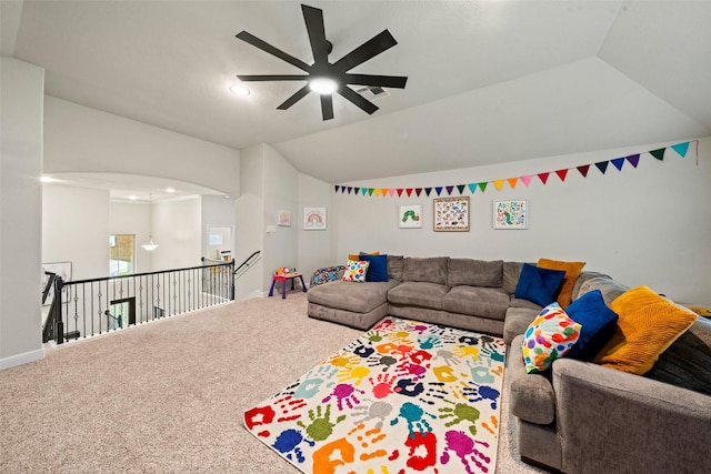 carpeted living area with vaulted ceiling, baseboards, a ceiling fan, and recessed lighting