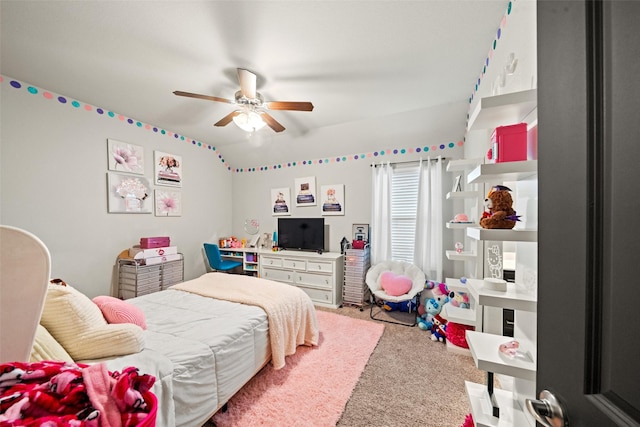 bedroom with ceiling fan and carpet floors