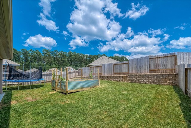 1672 Happy Valley St, Montgomery, TX 77316 - view of yard featuring a fenced backyard, a trampoline, and a garden