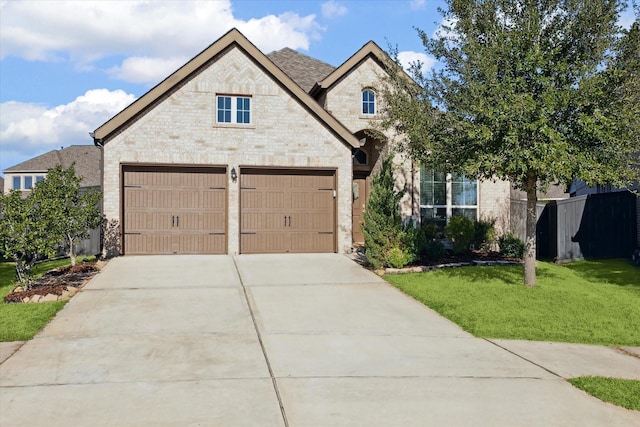 french country inspired facade featuring concrete driveway, a front lawn, and stone siding