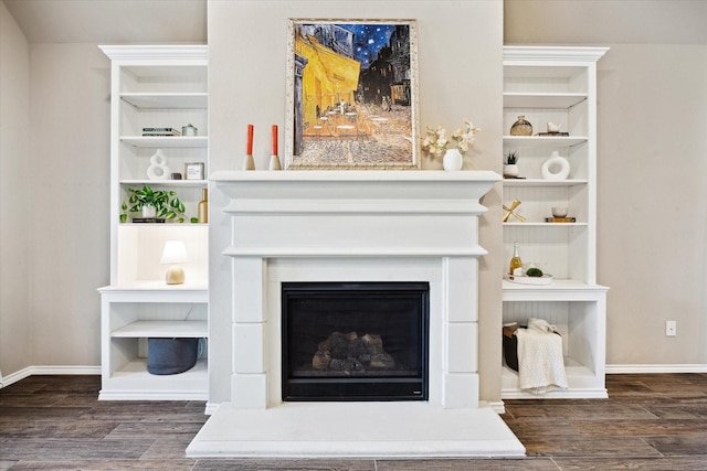 interior details with baseboards, a fireplace with raised hearth, and wood finished floors