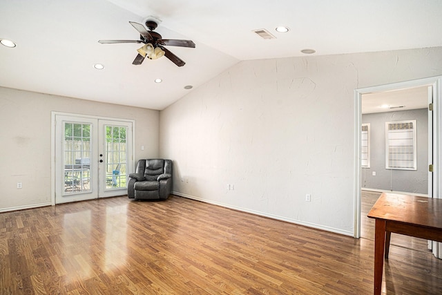 unfurnished room featuring visible vents, wood finished floors, ceiling fan, and recessed lighting