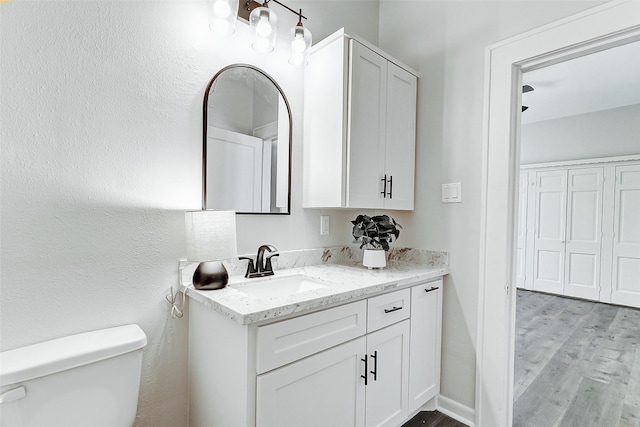 bathroom with vanity, toilet, and wood finished floors