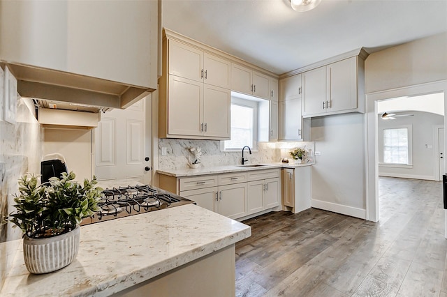 kitchen with a wealth of natural light, decorative backsplash, dark wood-style floors, and a sink