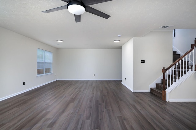 6902 Woodland Oaks, Magnolia, TX 77354 - unfurnished living room featuring stairs, visible vents, ceiling fan, and dark wood-type flooring
