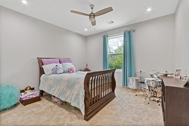 29314 Village Rdg, Magnolia, TX 77355 - bedroom featuring a ceiling fan, recessed lighting, baseboards, visible vents, and light colored carpet