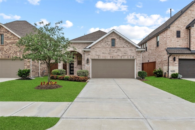 7015 Winterberry Glen Ln, Katy, TX 77493 - french country inspired facade with brick siding, a garage, a shingled roof, concrete driveway, and a front yard