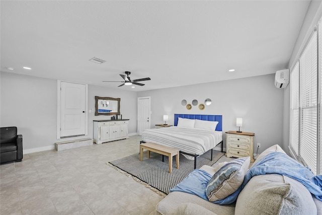 1802 Ursuline St, Galveston, TX 77550 - bedroom with recessed lighting, a wall mounted AC, baseboards, ceiling fan, and visible vents