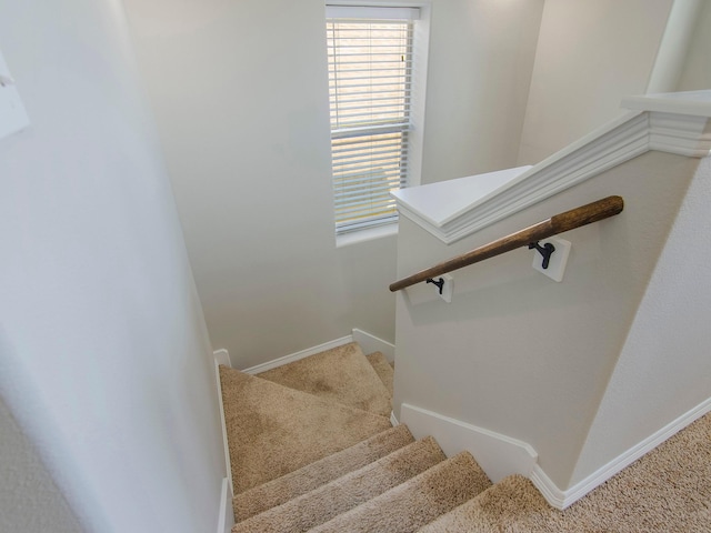 staircase with baseboards and carpet floors