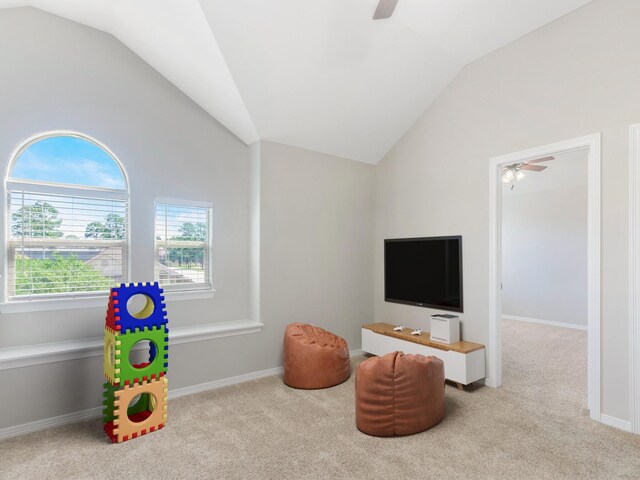 18303 Hillingdon Ln, Tomball, TX 77377 - rec room with a ceiling fan, lofted ceiling, and carpet