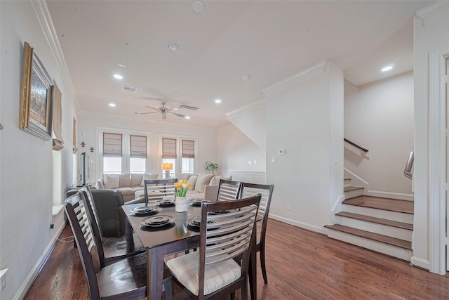 2303 Hadley St, Houston, TX 77003 - dining room featuring wood finished floors, ornamental molding, stairway, recessed lighting, and a ceiling fan