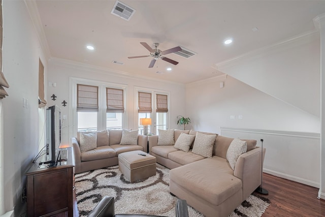 2303 Hadley St, Houston, TX 77003 - living room featuring ceiling fan, ornamental molding, dark wood-style flooring, recessed lighting, and baseboards