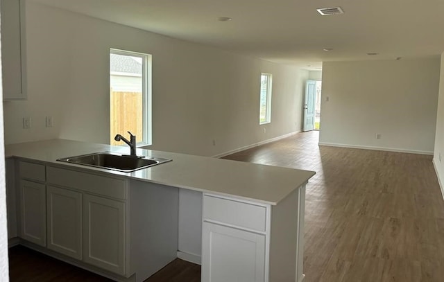 kitchen featuring visible vents, a sink, open floor plan, wood finished floors, and light countertops