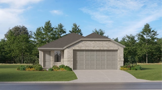 view of front facade with a front lawn, driveway, brick siding, and an attached garage