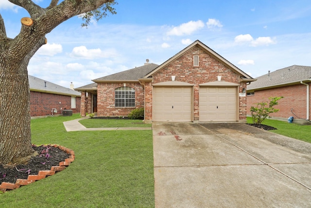 single story home with driveway, brick siding, an attached garage, central air condition unit, and a front yard