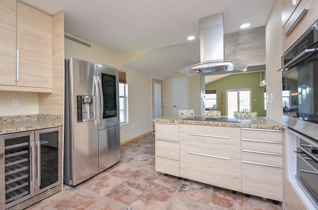 kitchen with wine cooler, light brown cabinets, modern cabinets, island range hood, and stainless steel appliances