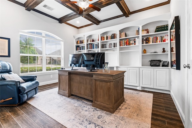 office with coffered ceiling, baseboards, dark wood-style flooring, ceiling fan, and visible vents