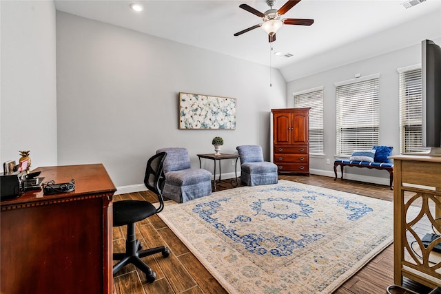 office with visible vents, recessed lighting, ceiling fan, dark wood-style flooring, and baseboards