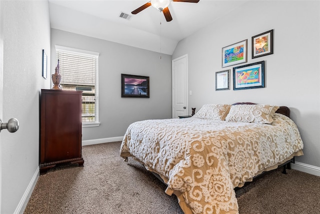 carpeted bedroom with vaulted ceiling, baseboards, a ceiling fan, and visible vents