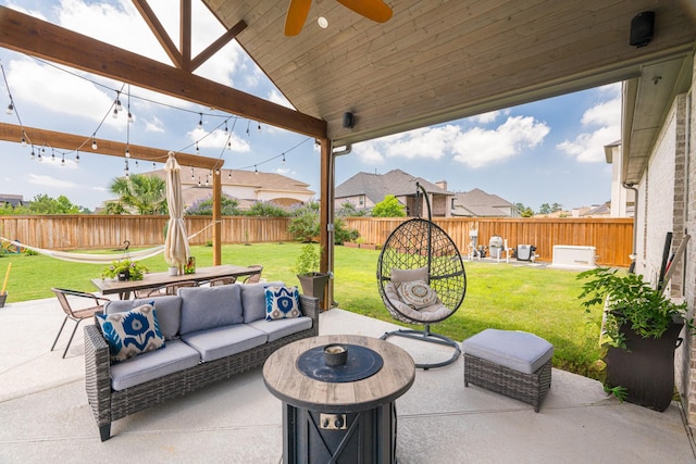 3923 Kelley Pond Dr, Spring, TX 77386 - view of patio / terrace with a ceiling fan, an outdoor hangout area, outdoor dining area, and a fenced backyard