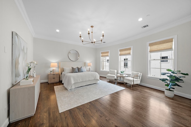 5412 Jackson St, Houston, TX 77004 - bedroom featuring crown molding, a chandelier, dark wood-style floors, baseboards, and recessed lighting