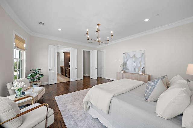 5412 Jackson St, Houston, TX 77004 - bedroom featuring a chandelier, crown molding, dark wood-type flooring, baseboards, and recessed lighting