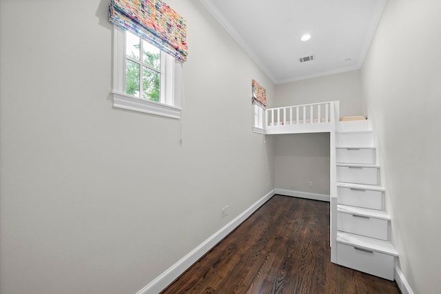 5412 Jackson St, Houston, TX 77004 - unfurnished bedroom with ornamental molding, dark wood-style flooring, baseboards, and recessed lighting
