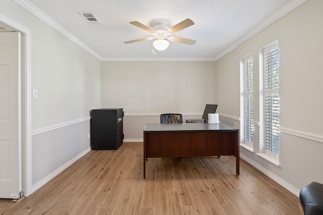 6615 Ampton Dr, Spring, TX 77379 - office area featuring light wood-type flooring, plenty of natural light, ceiling fan, crown molding, and baseboards