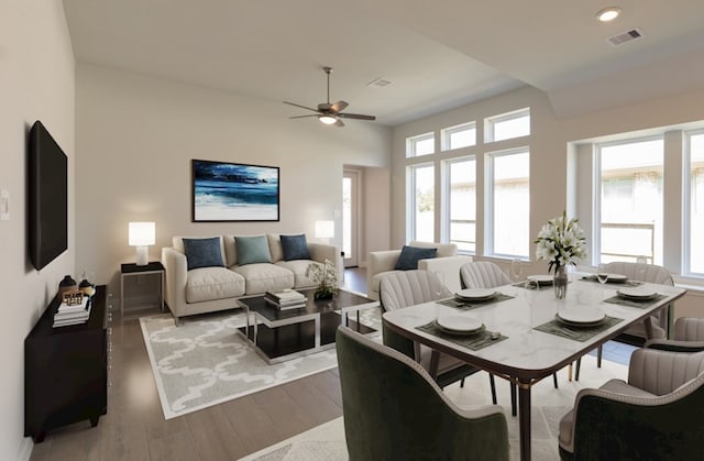 18711 Brego Ln, Tomball, TX 77377 - dining space featuring a ceiling fan, visible vents, plenty of natural light, and wood finished floors
