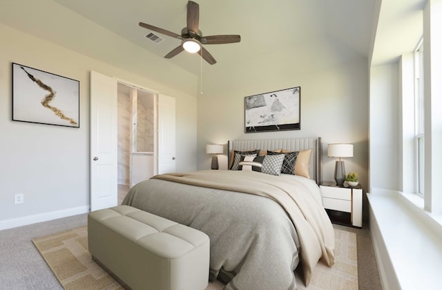 18711 Brego Ln, Tomball, TX 77377 - bedroom with a ceiling fan, lofted ceiling, baseboards, visible vents, and light carpet