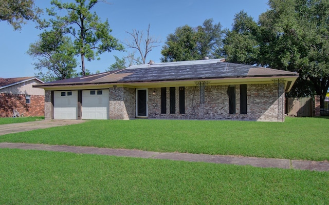 ranch-style home with driveway, brick siding, fence, a garage, and a front yard