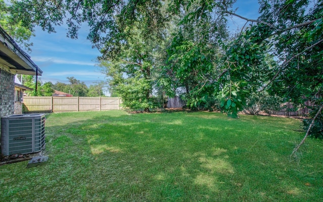 view of yard featuring central air condition unit and a fenced backyard