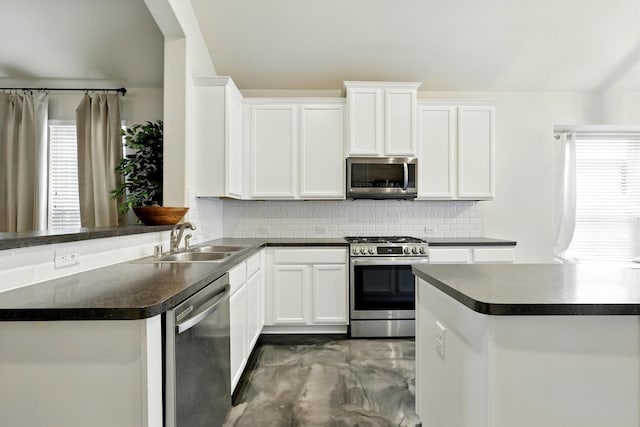 15226 Loys Coves Ct, Humble, TX 77396 - kitchen with stainless steel appliances, a sink, dark countertops, tasteful backsplash, and white cabinets