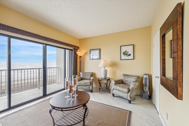 7700 Seawall Blvd Unit 402, Galveston, TX 77551 - living area featuring a textured ceiling, baseboards, and light wood-type flooring