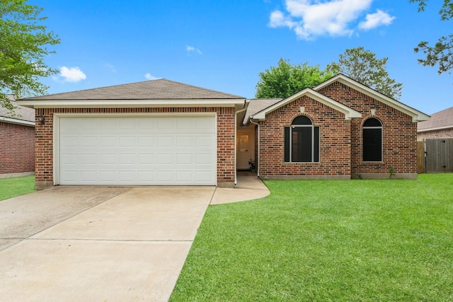 ranch-style home with concrete driveway, a front yard, brick siding, and a garage