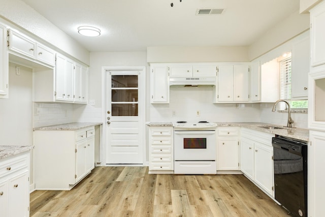 kitchen with under cabinet range hood, dishwasher, a sink, tasteful backsplash, and electric range