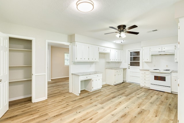 kitchen with visible vents, under cabinet range hood, light wood-style flooring, baseboards, and electric stove
