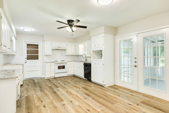 kitchen with light wood finished floors, a sink, black dishwasher, electric stove, and under cabinet range hood