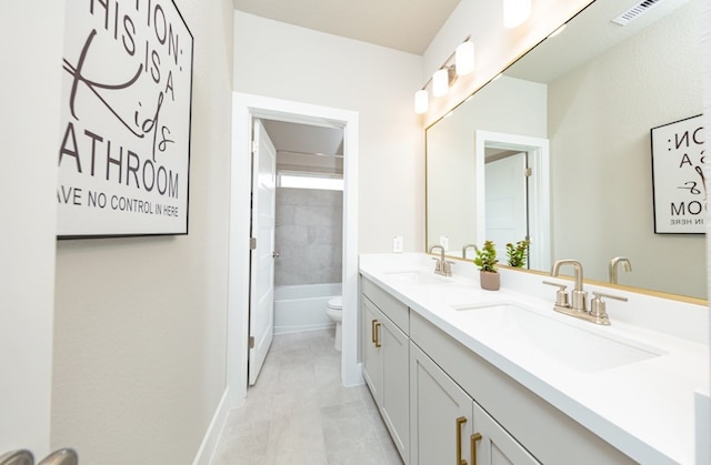 18715 Brego Ln, Tomball, TX 77377 - full bathroom with toilet, visible vents, a sink, and double vanity