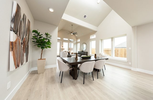 18715 Brego Ln, Tomball, TX 77377 - dining space with lofted ceiling, baseboards, light wood finished floors, ceiling fan, and visible vents