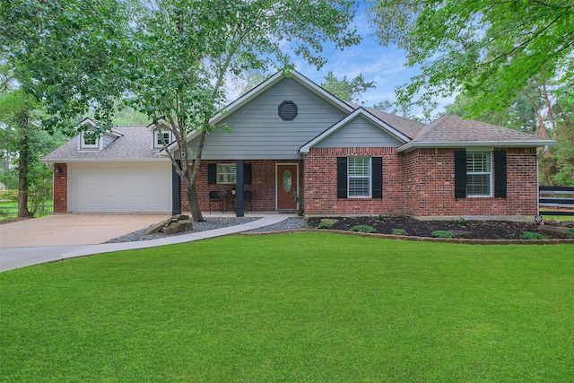 single story home featuring concrete driveway, brick siding, a front lawn, and a garage