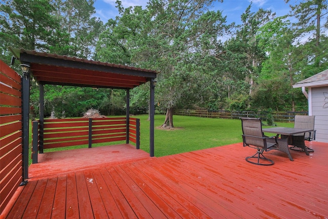wooden terrace featuring a fenced backyard, outdoor dining space, and a yard