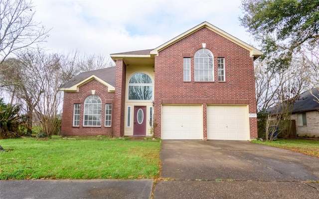 4411 Osage Dr, Baytown, TX 77521 - traditional-style home with a front lawn, brick siding, driveway, and a garage