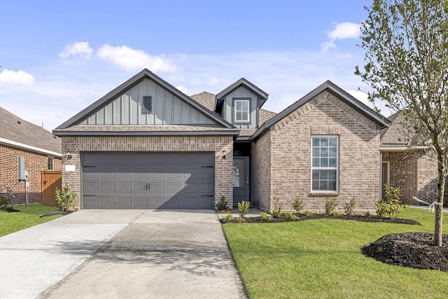 craftsman-style house featuring driveway, a front lawn, brick siding, and board and batten siding