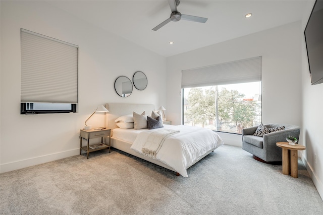 bedroom featuring carpet flooring, a ceiling fan, cooling unit, baseboards, and recessed lighting