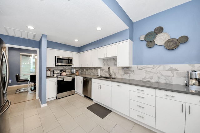 7655 S Braeswood Blvd Unit 10, Houston, TX 77071 - kitchen with appliances with stainless steel finishes, a sink, dark countertops, backsplash, and white cabinets