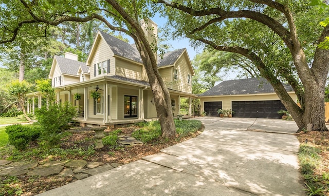 view of front of home featuring covered porch, driveway, an attached garage, and roof with shingles