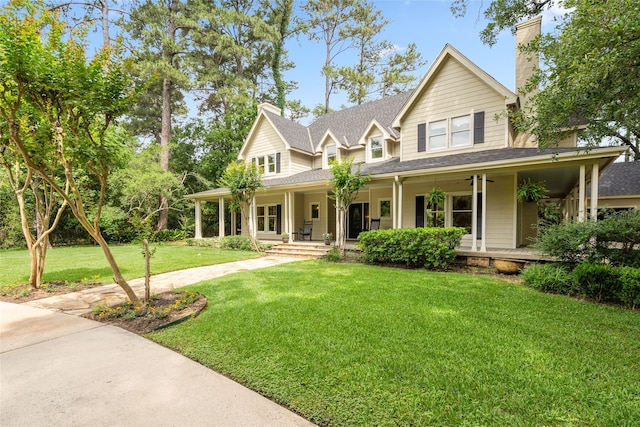 farmhouse-style home featuring a porch, a shingled roof, a front yard, and a chimney