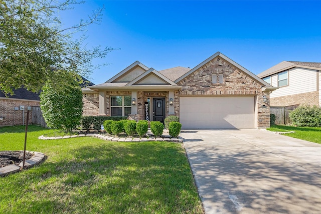 craftsman-style house with brick siding, fence, an attached garage, concrete driveway, and a front lawn