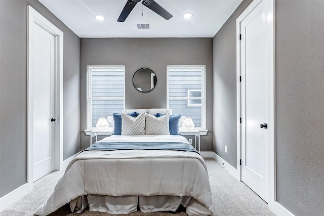 bedroom with visible vents, recessed lighting, ceiling fan, carpet flooring, and baseboards